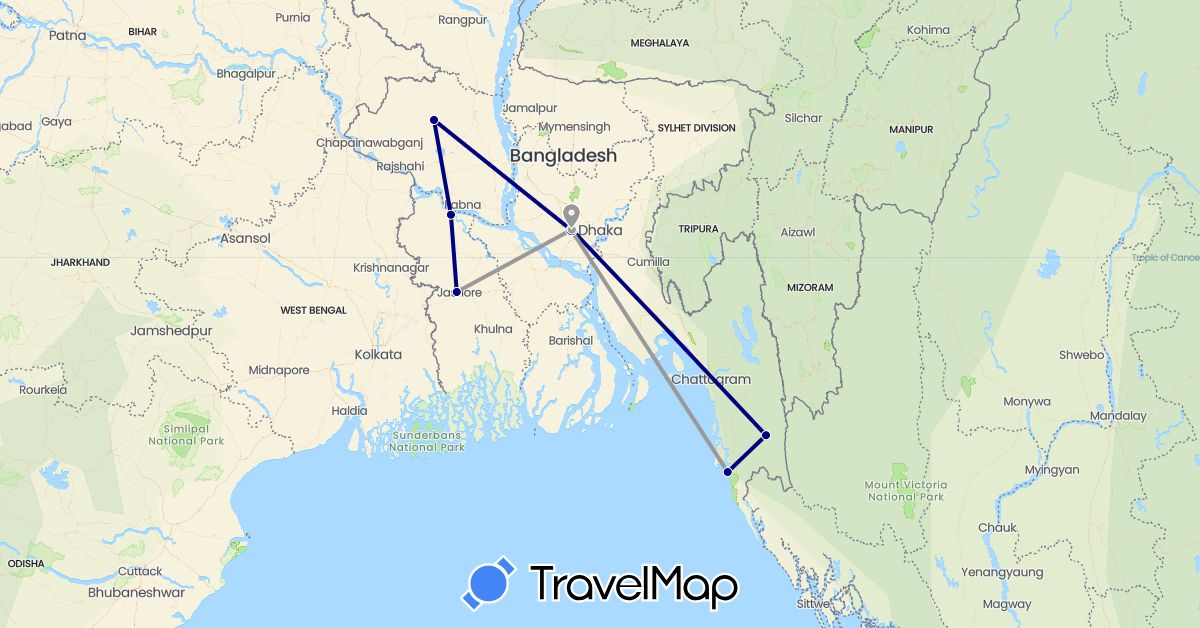 TravelMap itinerary: driving, plane in Bangladesh (Asia)